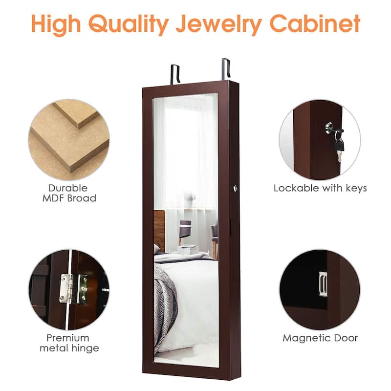 Costway Wall Mount Mirrored Jewelry Cabinet Organizer LED Lights