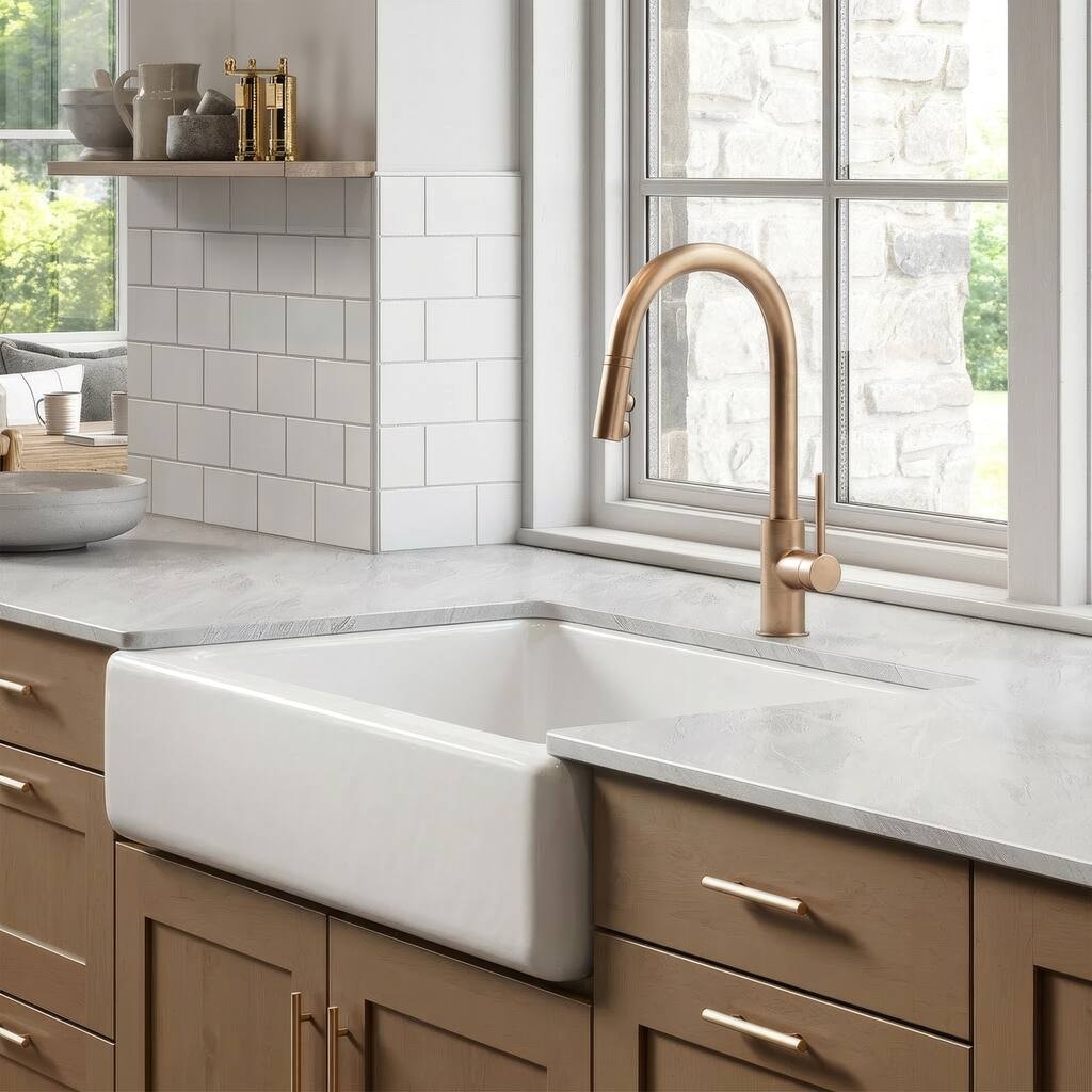 Grace Crisp White Fireclay 34" Single Bowl Quick-Fit Undermount Farmhouse Apron Front Traditional-Style Kitchen Sink and Drain