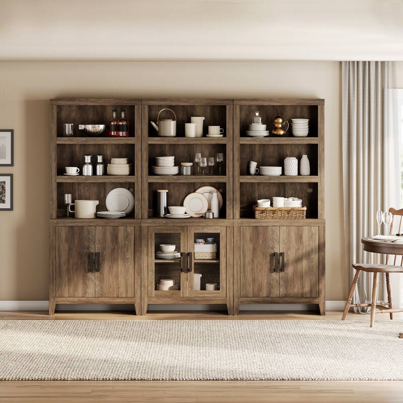 WAMPAT Tall Bookshelf with Doors, Farmhouse Bookcase with Open Shelves for Living Room & Home Office