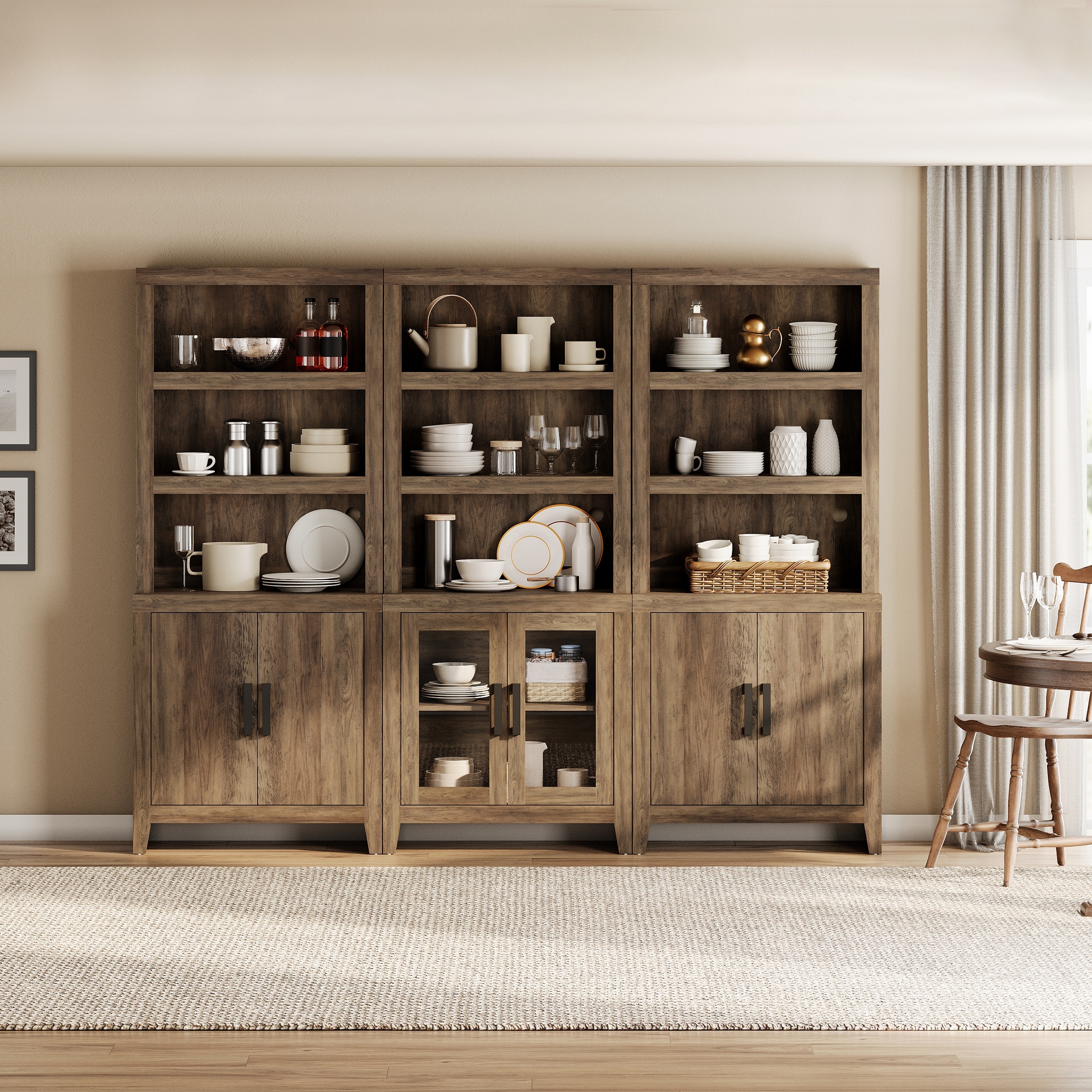 WAMPAT Tall Bookshelf with Doors, Farmhouse Bookcase with Open