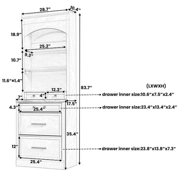 83.7" Tall Kitchen Pantry Cabinet with Faux Marble Top, 5 Drawers, Adjustable Shelf & Display Hutch