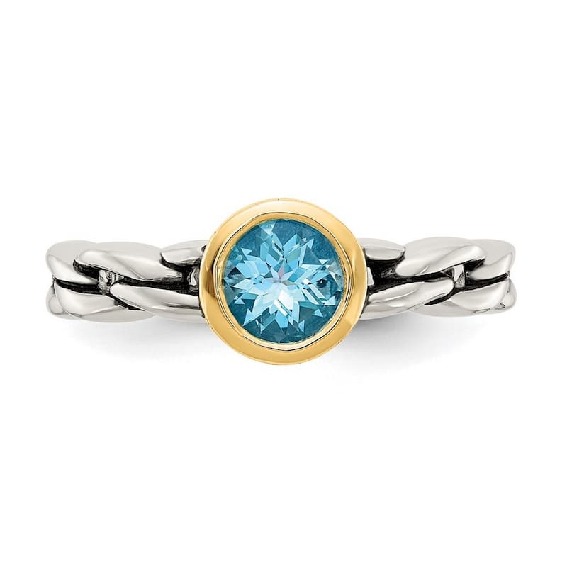 Curata 925 Sterling Silver Bezel Polished Open back 14k Yellow 6mm Round Sky Blue Topaz Ring