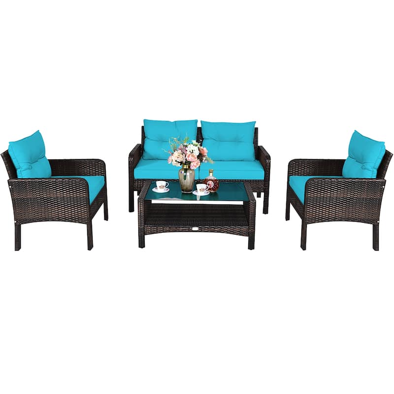 4PCS Patio Rattan Conversation Furniture Set Outdoor Wicker Sofa Set - Turquoise