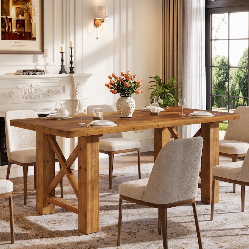 63-Inch Dining Table for 4-6, Farmhouse Solid Fir Wood Kitchen Table - Brown