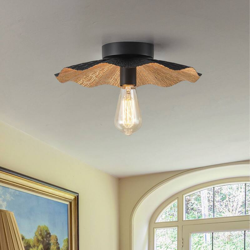 1-Light Farmhouse Black Gold Semi Flush Mount with Wave-edged Metal Shade - 13-in W x 3.5-in H