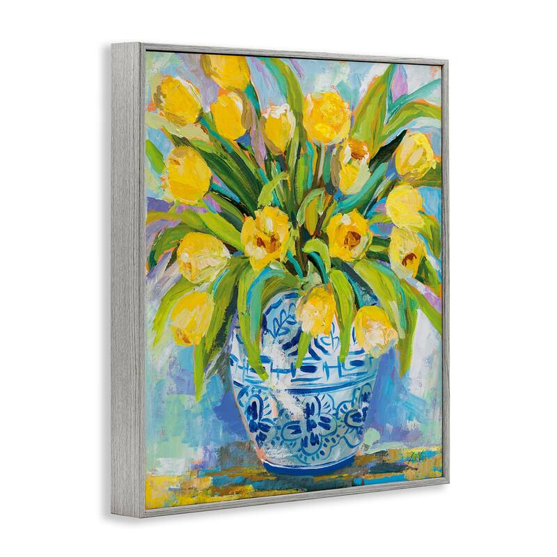 Stupell Expressive Yellow Tulips in Ornate Blue Vase Painting Framed Wall Art