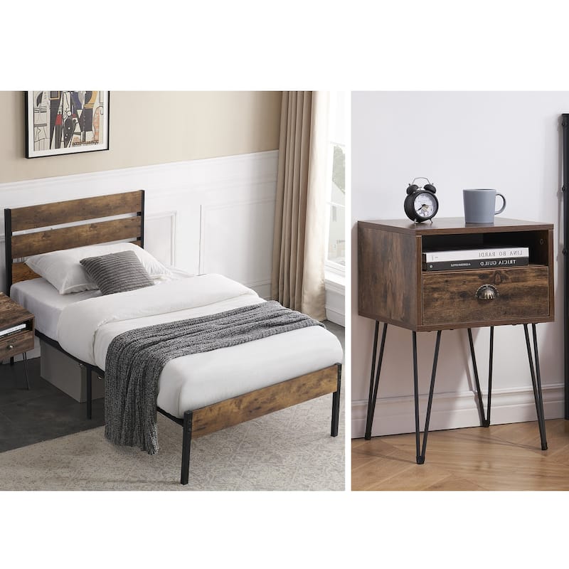 Taomika 3-Pieces Industrial Bed and Modern Square Nightstands Set