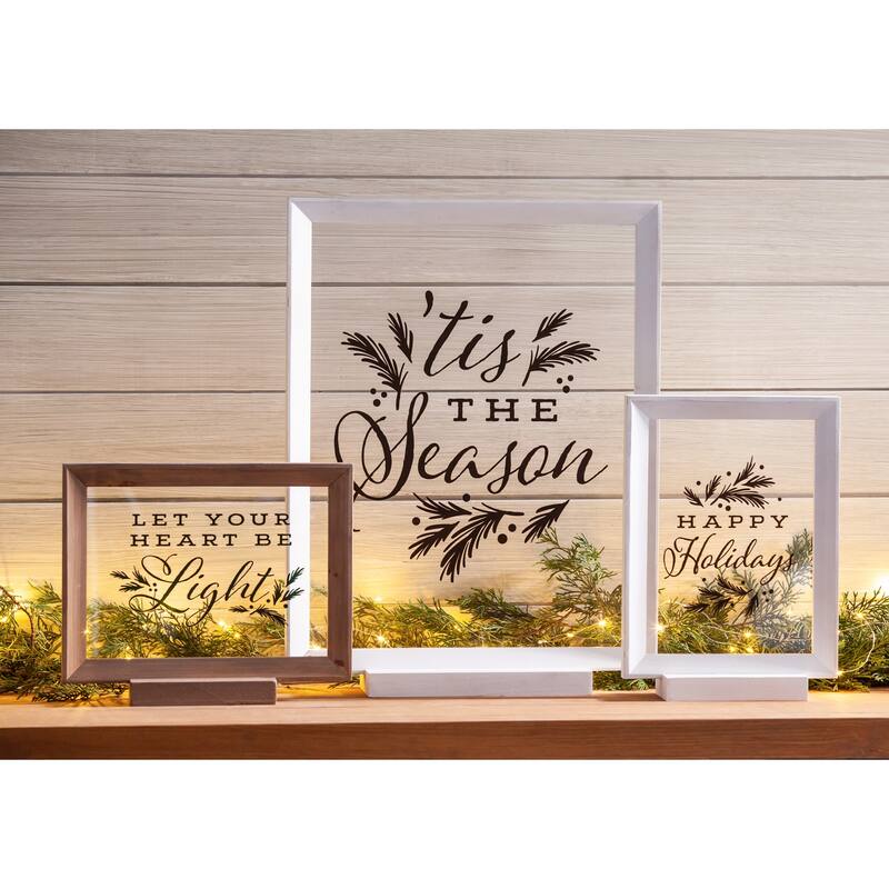 Wood Framed Decor, Set of 3 "Happy Holidays" "Let Your Heart Be Light" "Tis the Season"