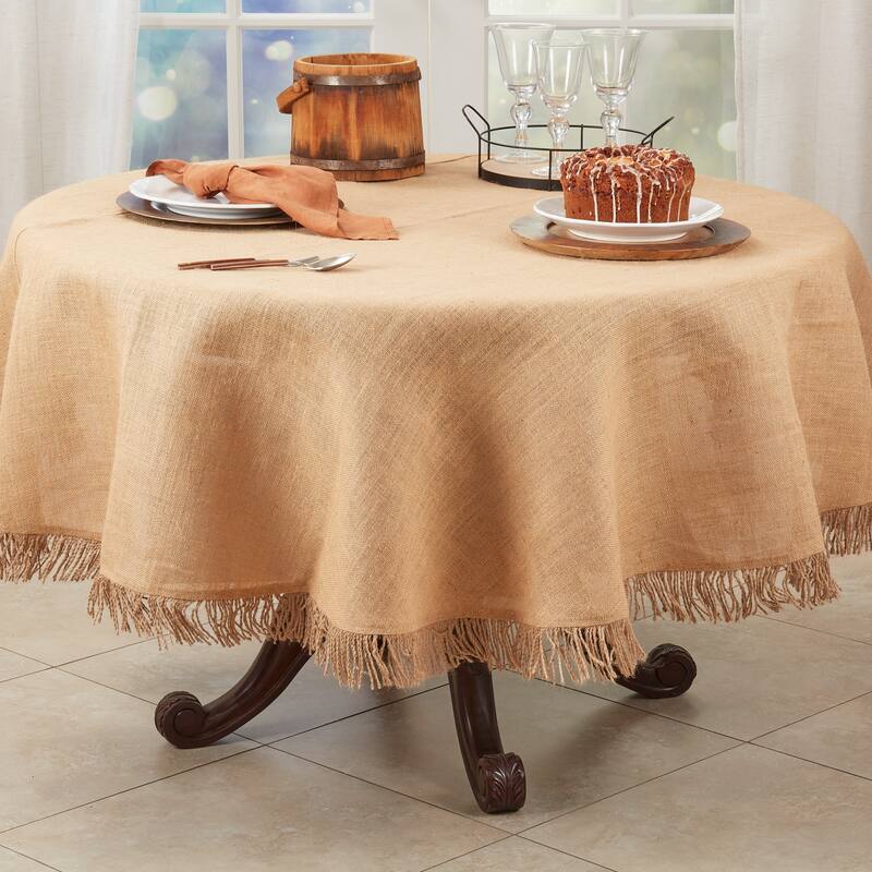 Textured Jute Tablecloth with Delicate Tassels - 72"