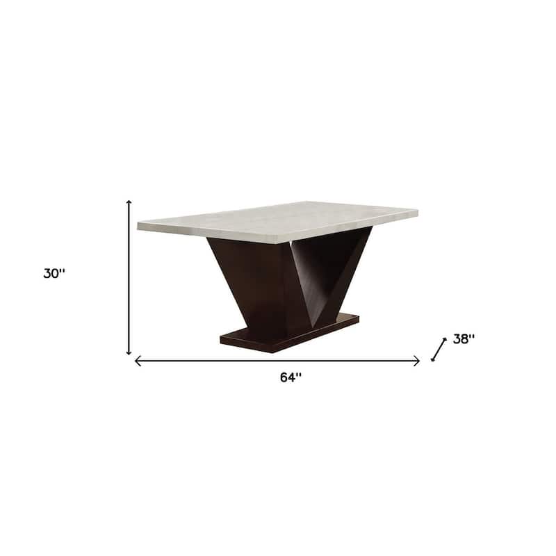 64" White And Dark Brown Marble And Solid Manufactured Wood Pedestal Base Dining Table - Brown and White