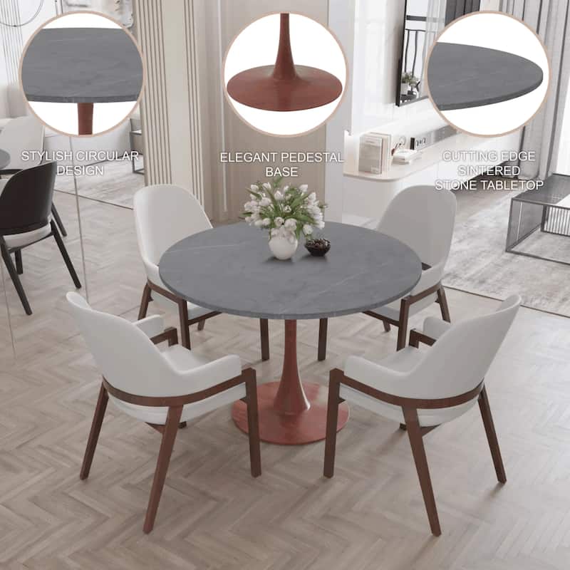 Bristol 36" Round Dining Table with Marbled Grey Sintered Stone Top and Steel Pedestal Base
