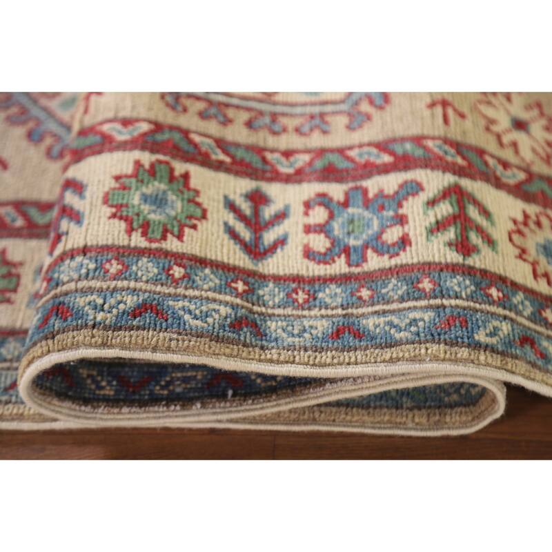 Hand Knotted Oriental 100% Wool Carpet Traditional Geometric Beige & Ivories Kazak Runner Rug - 12' 8'' X 2' 10''