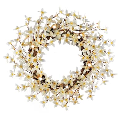 LED Lighted White Forsythia Hanging Wreath - 18 x 18 x 5