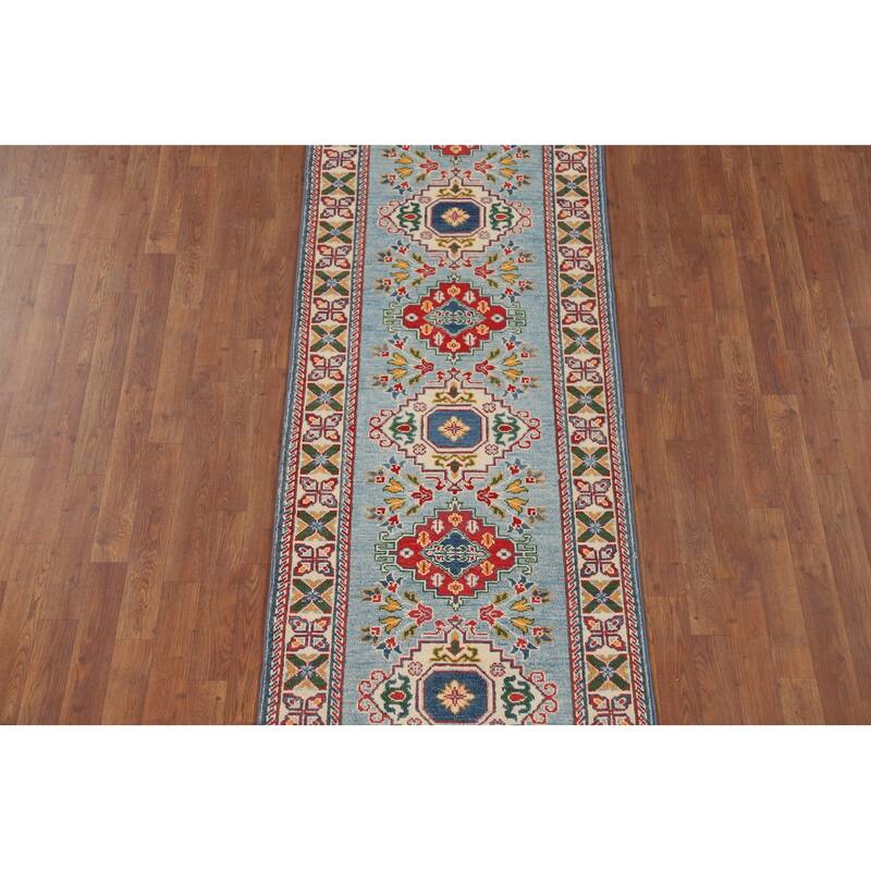 Light Blue Kazak Oriental Runner Rug Handmade Traditional Wool Carpet - 2'9" x 9'7"