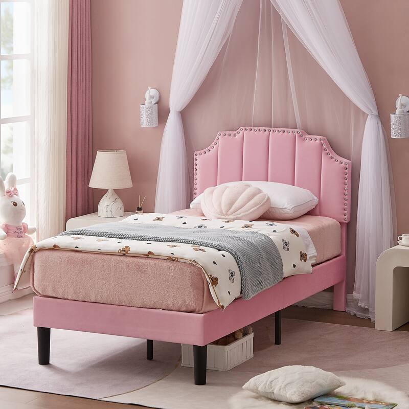 VECELO Upholstered Bed Frame with Nailhead Trim Adjustable Height Headboard, Twin/Full/Queen Size Bedframes
