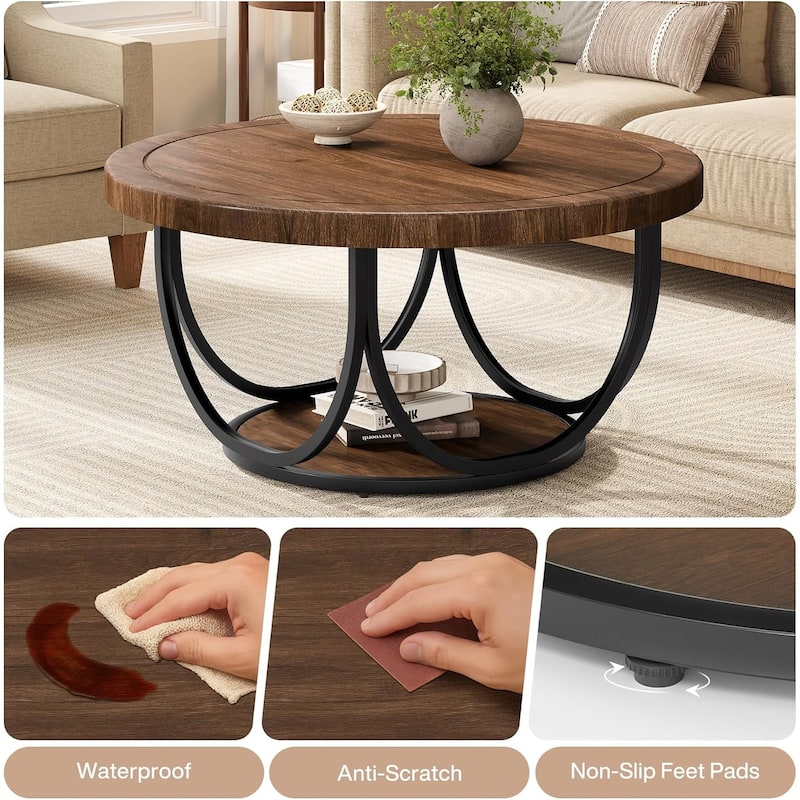 35.4" Round Coffee Table with 2 Tiers, Wooden Circle Accent Cocktail Table with Storage Shelf and Metal Frame