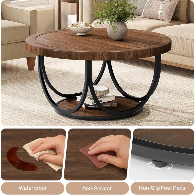 Round Coffee Table with 2 Tiers, 35.4" Wooden Circle Accent Cocktail Table with Storage Shelf and Metal Frame