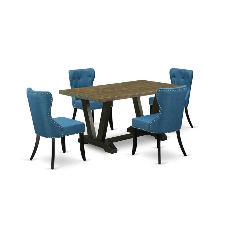 HomeStock 5-Piece Rectangle Distressed Jacobean Finish Solid Wood Top Dining table with 4 Chairs