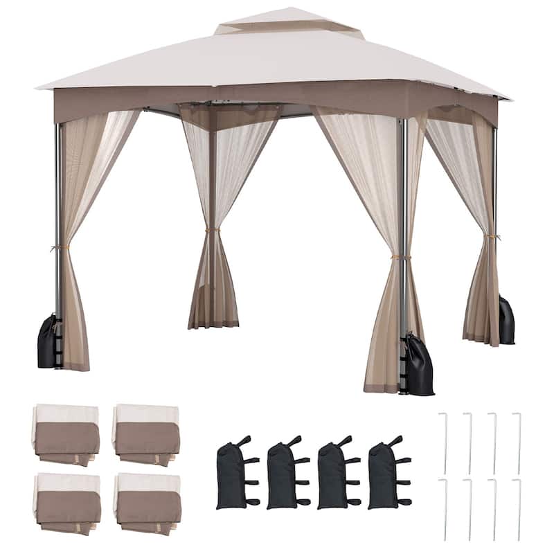 Heavy-Duty Patio Gazebo with Netting Walls and 4 Sandbags-Khaki