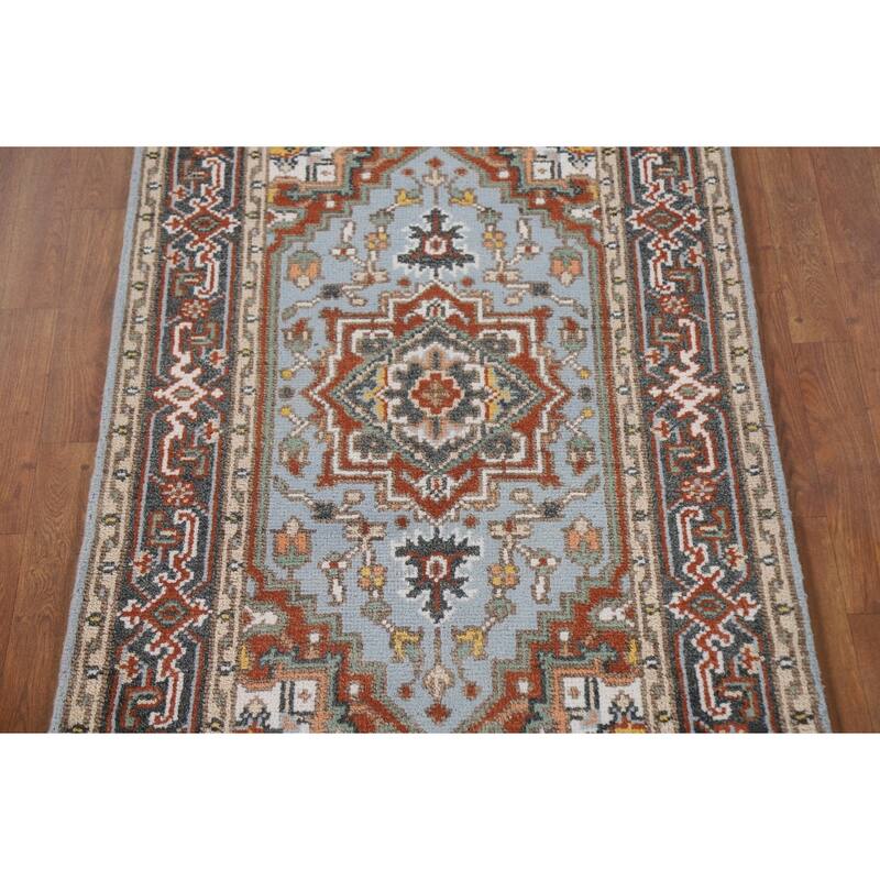Light Blue Geometric Heriz Indian Area Rug Handmade Wool Carpet - 3'2"x 4'11"