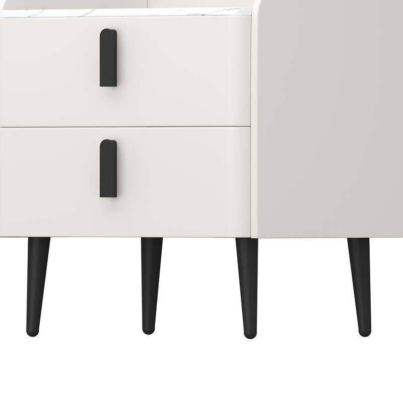 Nightstand with 2 Drawers & Support Legs, Coffee Table with Marble Pattern Tabletop, Large Capacity Sofa Side Table