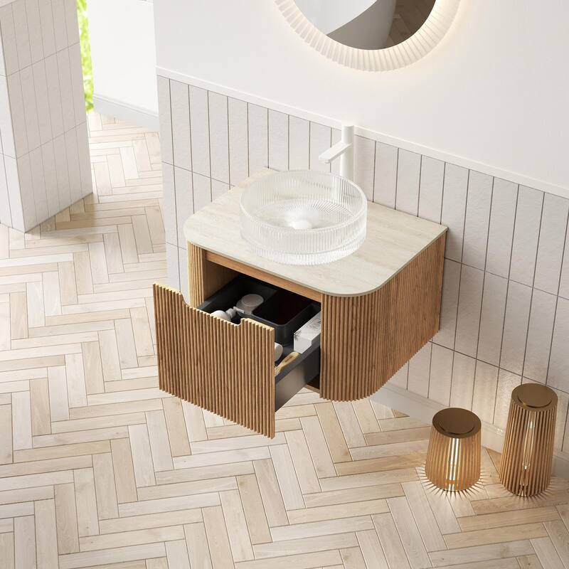 Floating Bathroom Vanity with Transparent Round Glass Basin