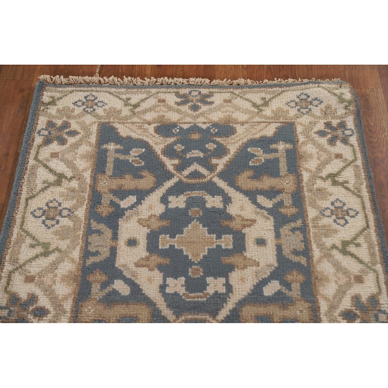 Floral Blue Oushak Oriental Runner Rug Handmade Wool Carpet - 2'8"x 9'10"