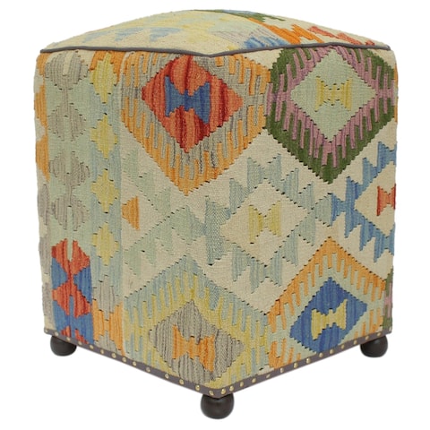 Vintage Upton Blue/Rust Handmade Kilim Upholstered Ottoman