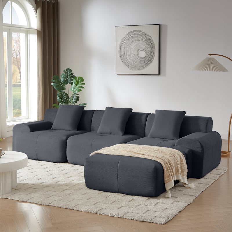 Livingroom L-Shaped Corduroy Sectional Sofa, Modular Couch 3 Seat Straight Sofa with Movable Ottoman