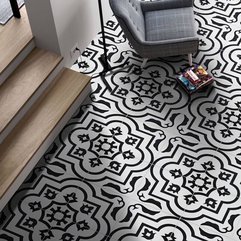 Taza Handmade Cement Tile, 8x8, White/Black