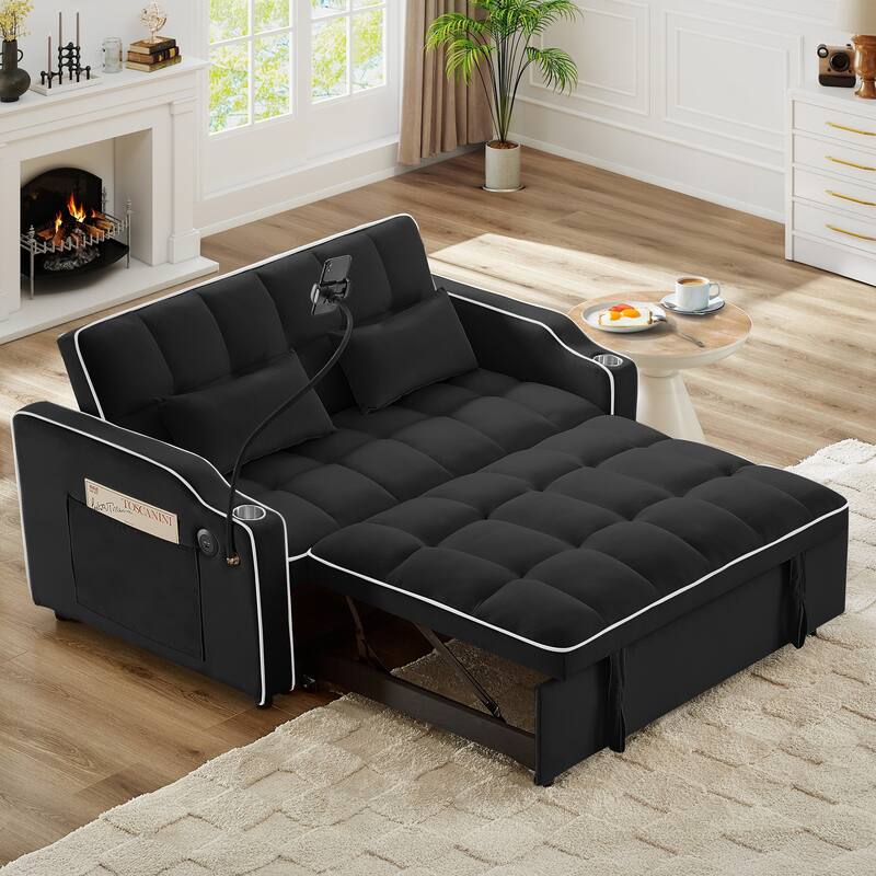 Versatile Foldable Double Seat Recliner,Comfortable Velvet Pull-Out Sleeper Sofa Bed with Side Pockets,Swivel Phone Stand - Black