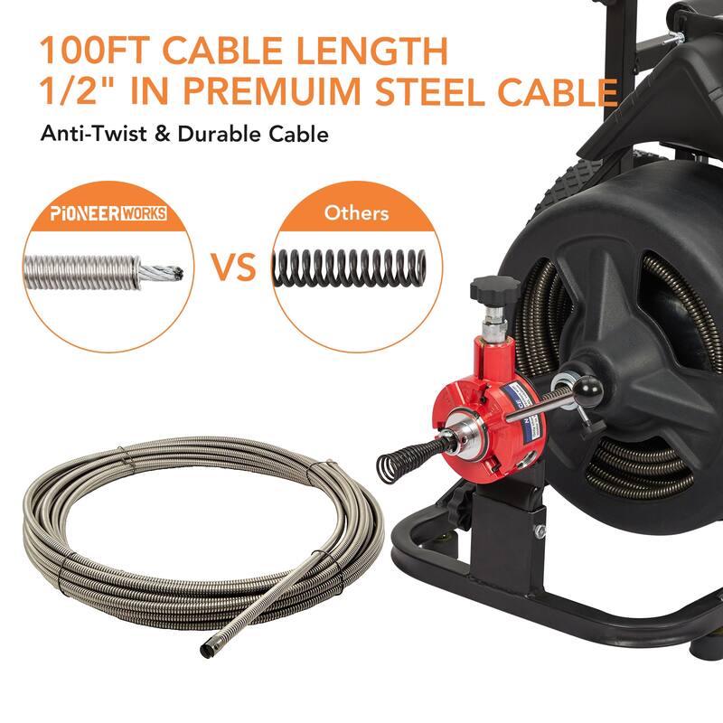 100Ft x 1/2 Inch Electric Drain Cleaner Machine for 1 to 4 Inch Pipes