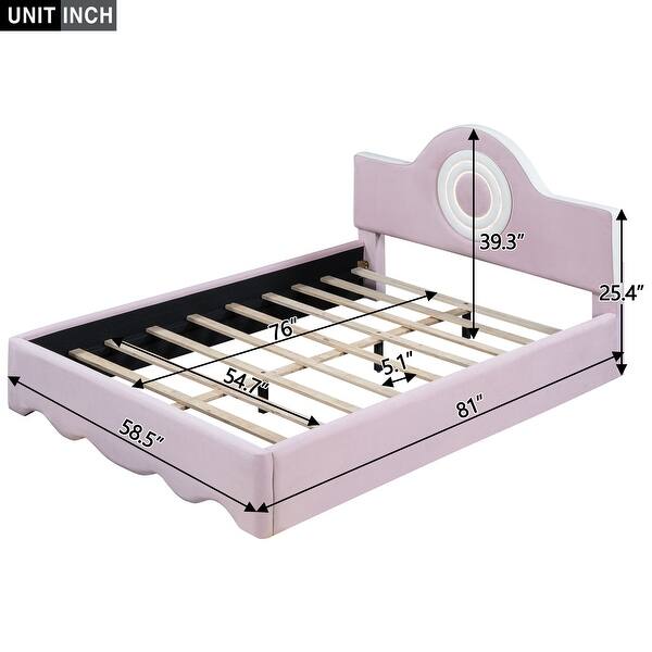 Full Size Upholstered Platform Bed Kids Night Sleep Bed Flannel Finish, Pink Upholstered Bed with Round Pattern Headboard