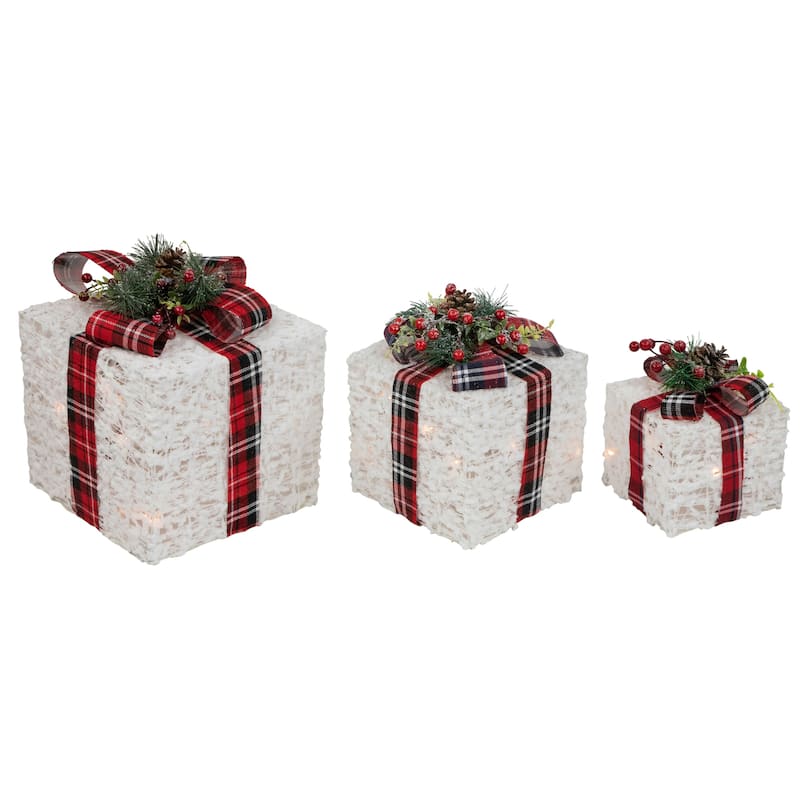 Set of 3 Lighted Red Plaid Gift Boxes Outdoor Decorations - 10"