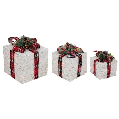 Set of 3 Lighted Red Plaid Gift Boxes Outdoor Decorations - 10"