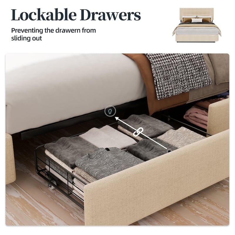 Full & Queen Size Storage Bed Frame with 4 Lockable Drawers, Adjustable Headboard