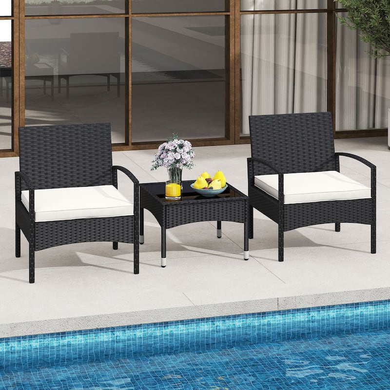 3 Piece Black PE Rattan Patio Set with Beige Cushions Table and 2 Chairs - 20” x 20” x 15”