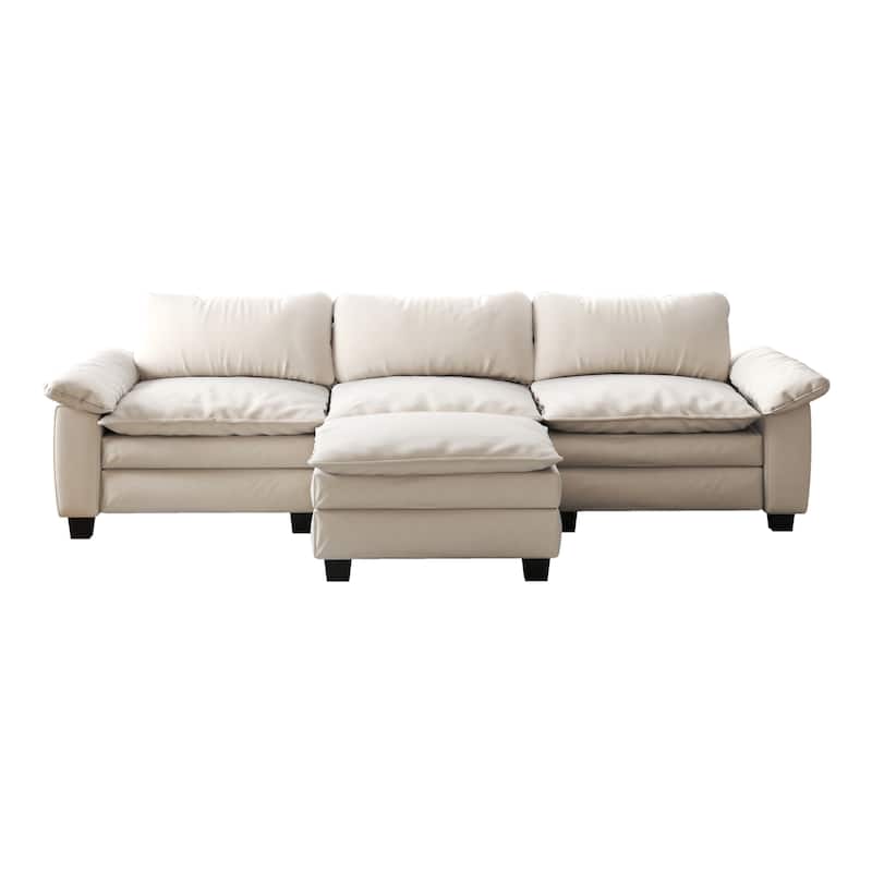 Luxury Velvet Upholstered Sectional Sofa Couch with Ottoman - Beige