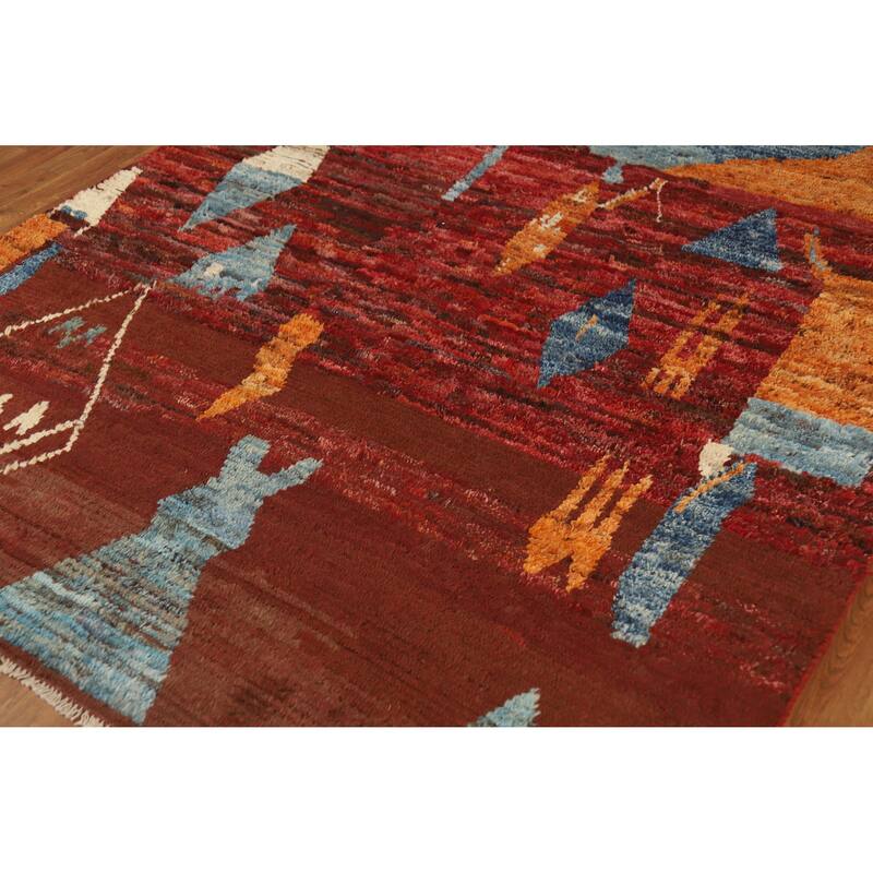 Geometric Moroccan Oriental Area Rug Handmade Red Wool Carpet - 6'4" x 8'9"