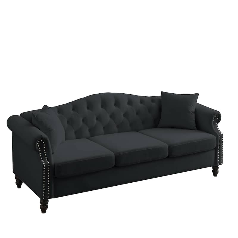 Classic Chesterfield 3-Seater Velvet Sofa with Nailhead Trim and Two Pillows, Ideal for Living Room, Bedroom, or Apartment