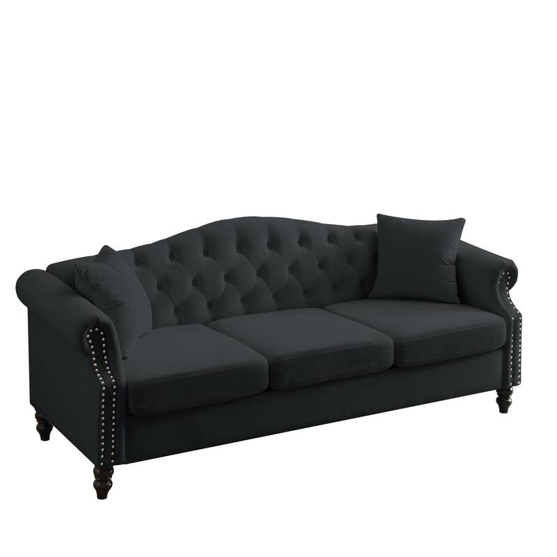Modern Black Velvet Button Tufted Upholstered Sofa w/Nailhead Armrests