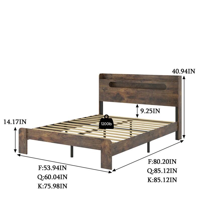 alazyhome Wood Platform Bed Frame with Storage LED Light Headboard and 2 USB Ports