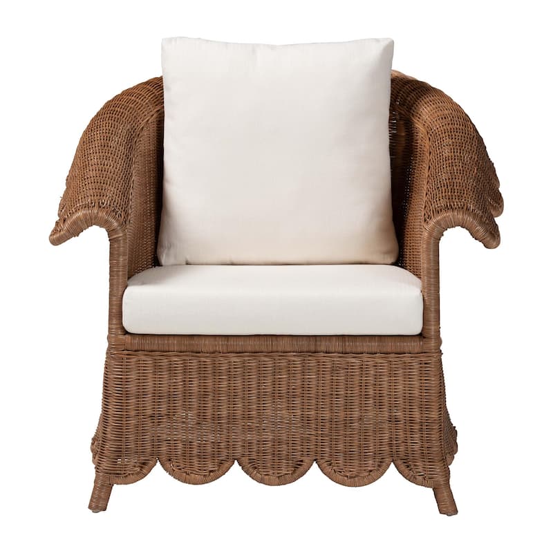 Detta Natural Rattan Armchair - Handwoven Wicker Chair with Rolled Arms and Scalloped Skirt Base, Boho Coastal Style