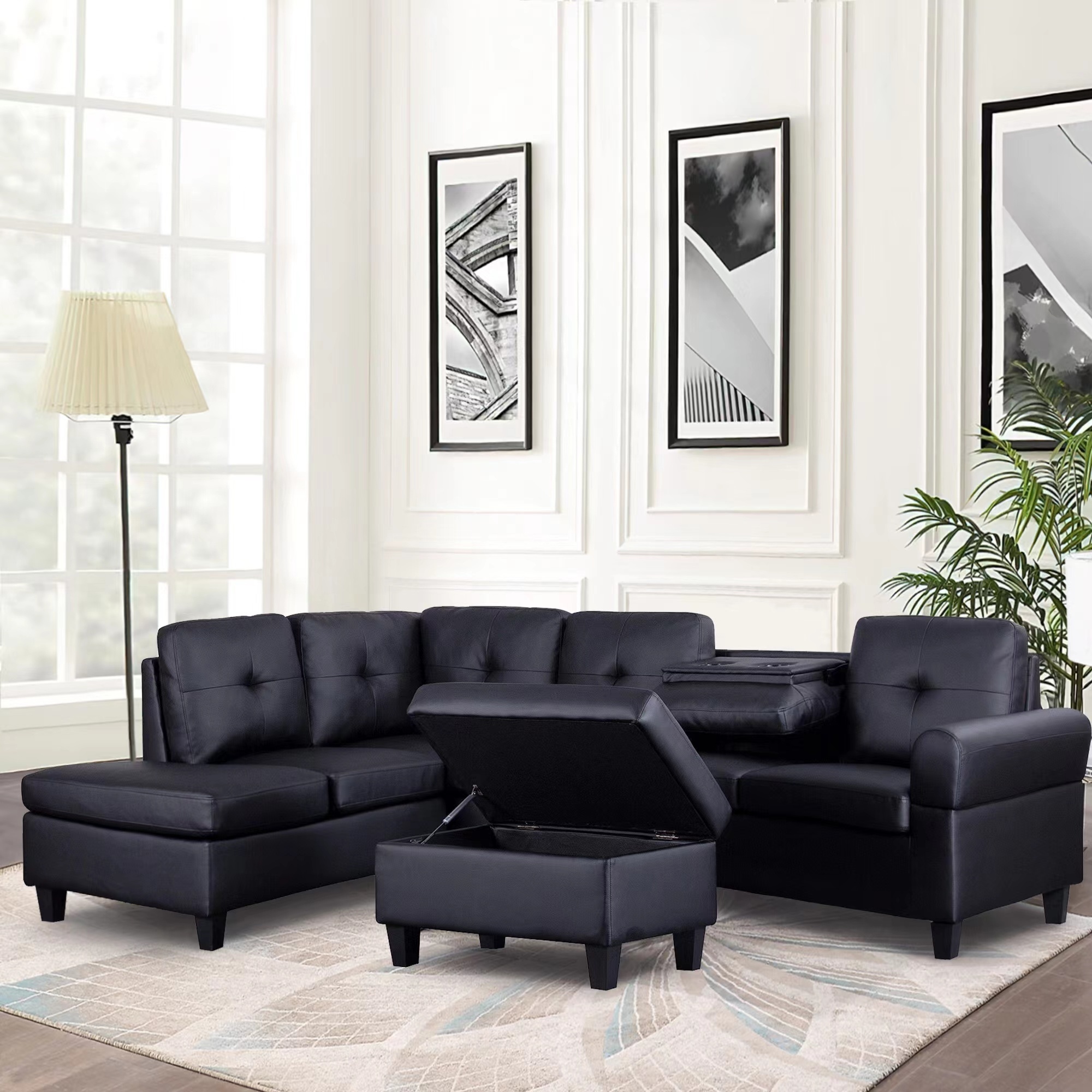 Mobilis 3 pc reversible microfiber hot sale suede sectional sofa with ottoman