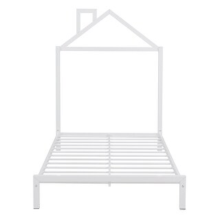 Twin Metal Platform Bed with House-Shaped Headboard & Chimney Design, Low Bed Frame W/Support Slats, No Box Spring Needed, White