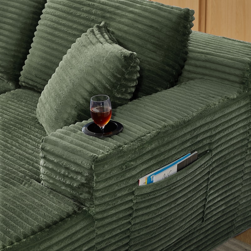 Minimalist Modular Lounge Couch U-shaped Sectional Sofa with Chaise, Corduroy Sleeper Sofa Bed with Side Pockets and Cup Holders