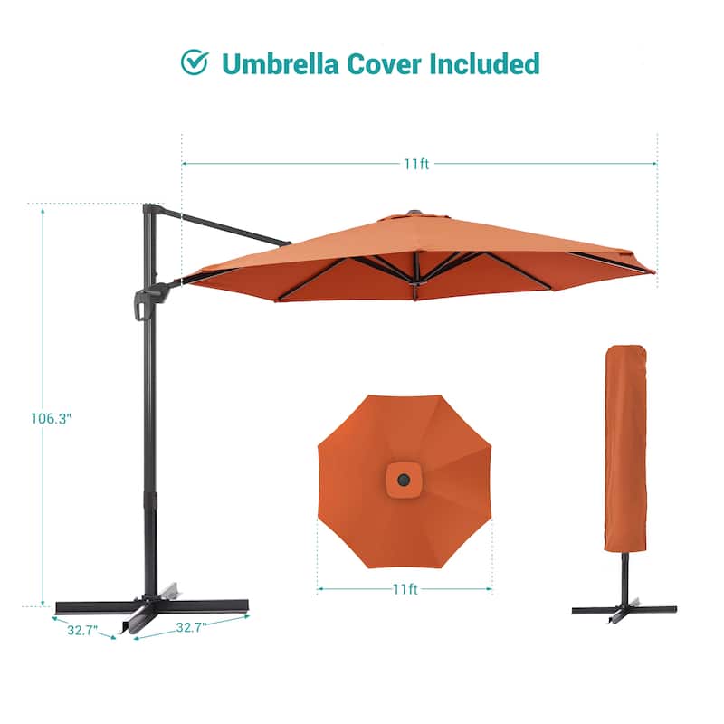 BONOSUKI 11FT LED Cantilever Patio Umbrella 360 Rotation w/Cross Base