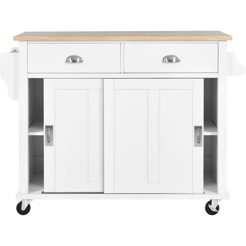 Wooden Kitchen Island with Rubber Drop-Leaf Countertop, Rolling Storage Cabinet wConcealed Sliding Barn Door & Adjustable Height