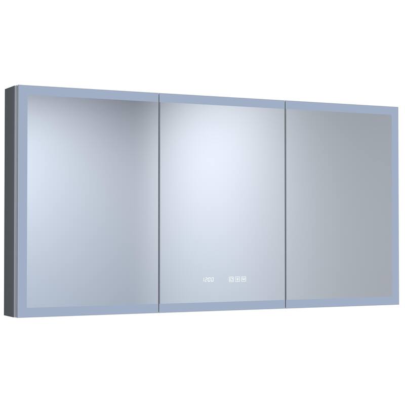GDFStudio - Delmar Modern Aluminum LED Lighted Medicine Cabinet with Mirror Anti Fog and Digital Clock