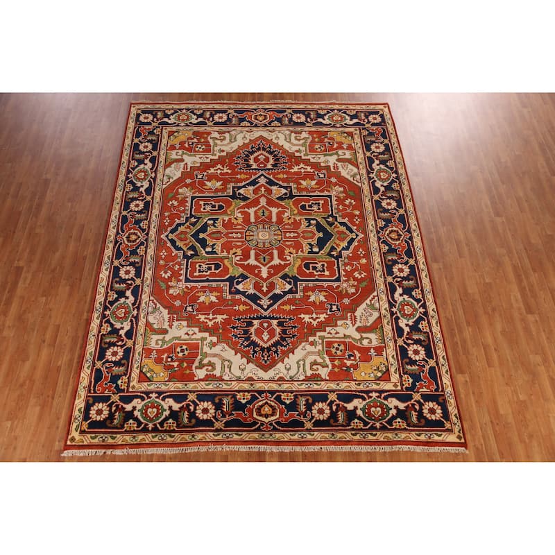 Orange Geometric Heriz Serapi Indian Area Rug Handmade Wool Carpet - 9'1" x 11'8"